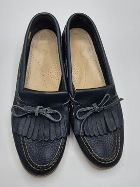SAS Navy Blue Leather Kiltie Loafers with Bow